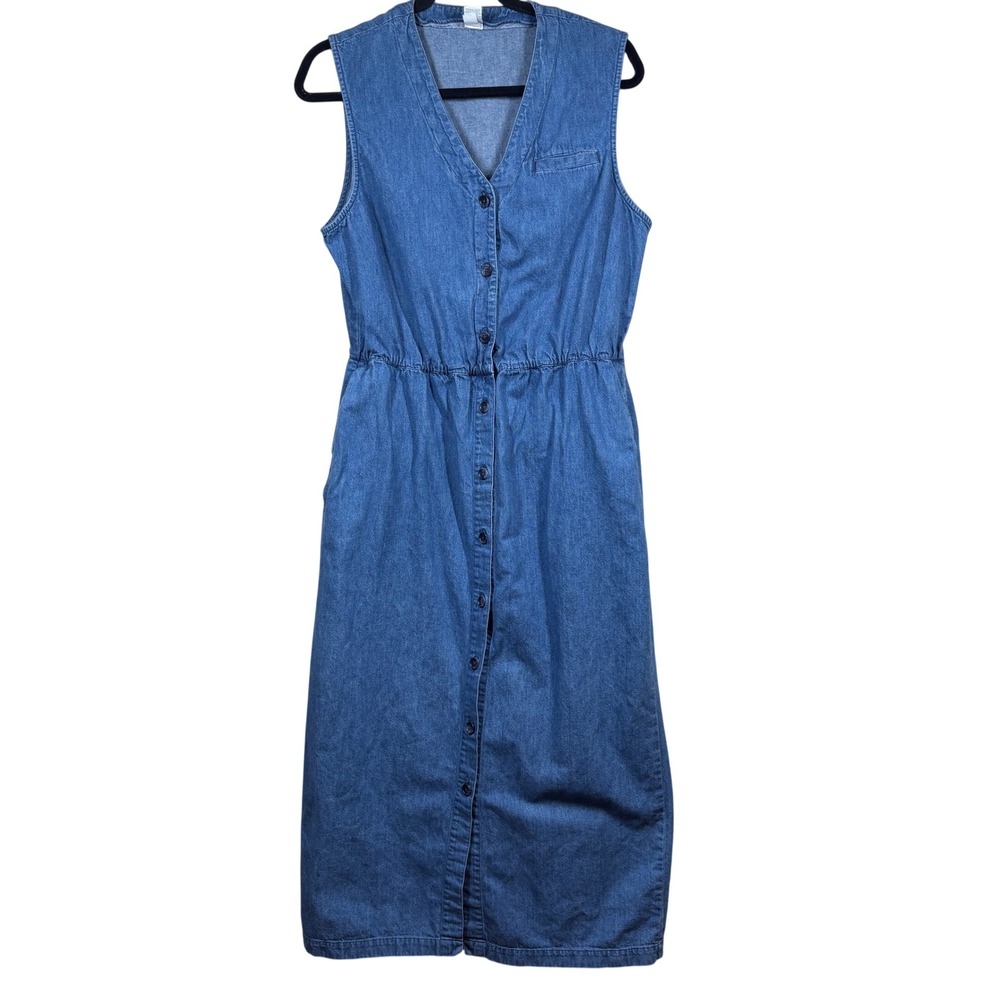 Vtg Lands End Womens Denim Jumper Dress 12 Blue Full Button Cottagecore Country